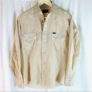 Wrangler Vintage Pearl Snap Button Western Shirt Small Beige/White Gingham 80s